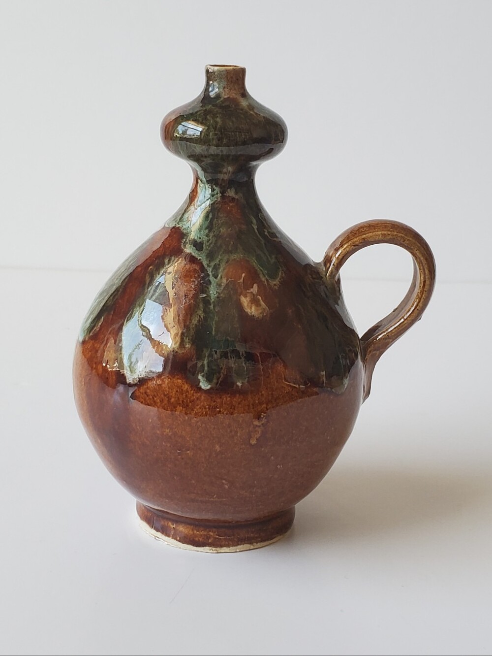Vintage European Folk Art Ceramic Jug Brown Green Drip Glaze Pitcher 5"